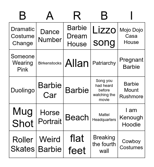 Barbie Movie Bingo Card