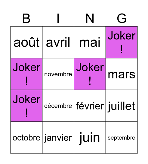 Les mois de l'année Bingo Card
