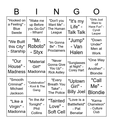 80's Music Bingo Card