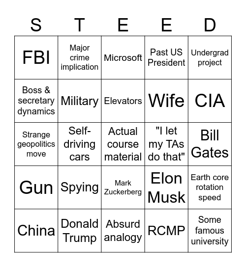 Steed-o Bingo Card