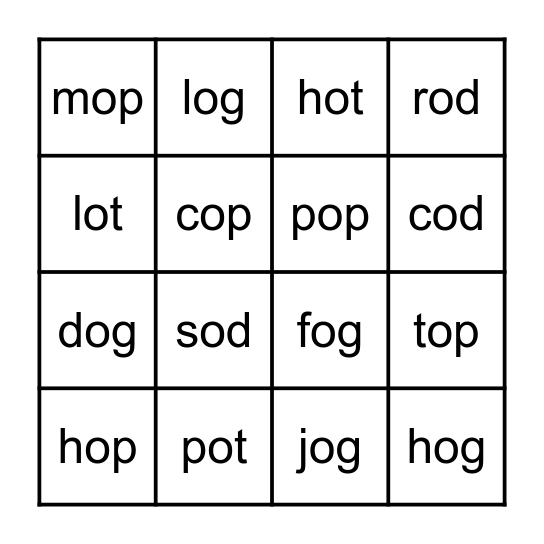 Short O Words Bingo Card