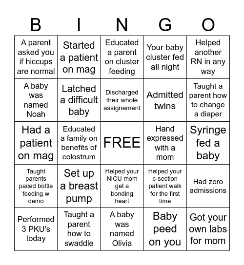 Obstetrics BINGO Card