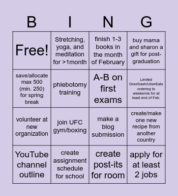 Goals and Rewards Bingo Card