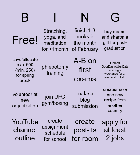 Goals and Rewards Bingo Card