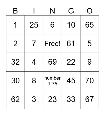 Números 1-70 Bingo Card