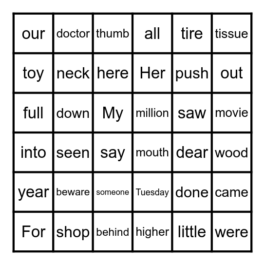 Heart Word Bingo Card