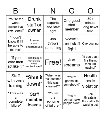 Bar Rescue Bingo Card