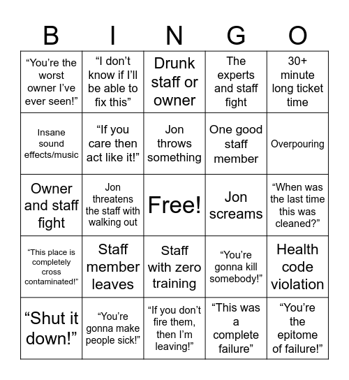 Bar Rescue Bingo Card