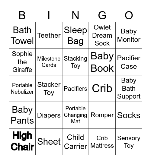 Sydney's Baby Shower Bingo Card