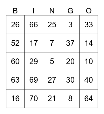 Number Bingo 1-75 Bingo Card