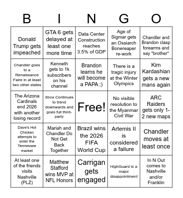 Chandler's 2026 Bingo Card