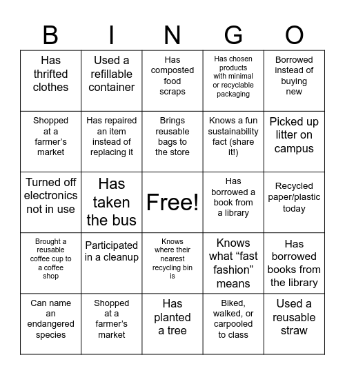 Sustainability Bingo Card