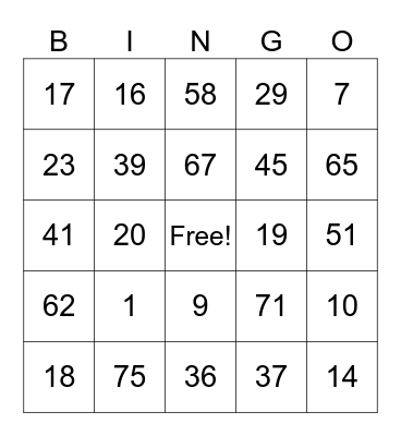 Number Bingo 1-75 Bingo Card