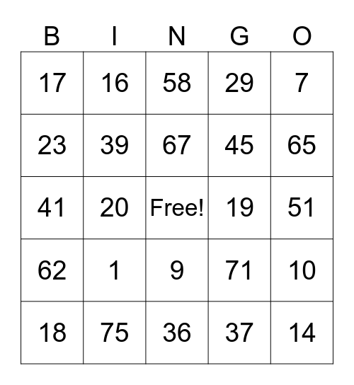 Number Bingo 1-75 Bingo Card