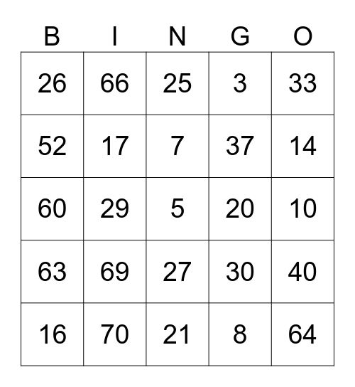 Number Bingo 1-75 Bingo Card