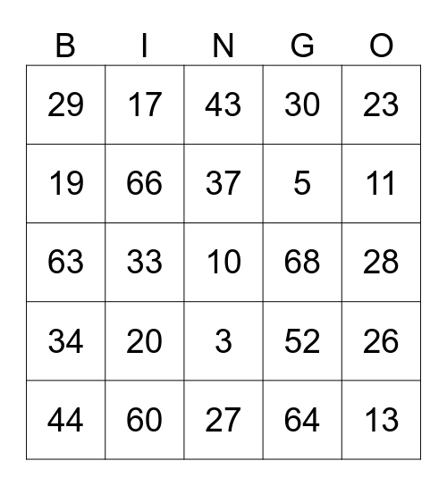 Number Bingo 1-75 Bingo Card