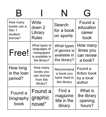 Library Orientation Bingo Card