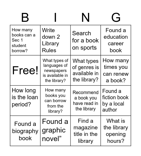 Library Orientation Bingo Card
