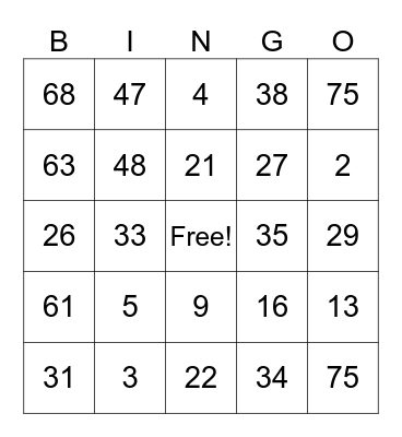 Number Bingo 1-75 Bingo Card