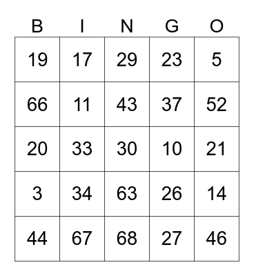 Numeros Bingo 1-75 Bingo Card