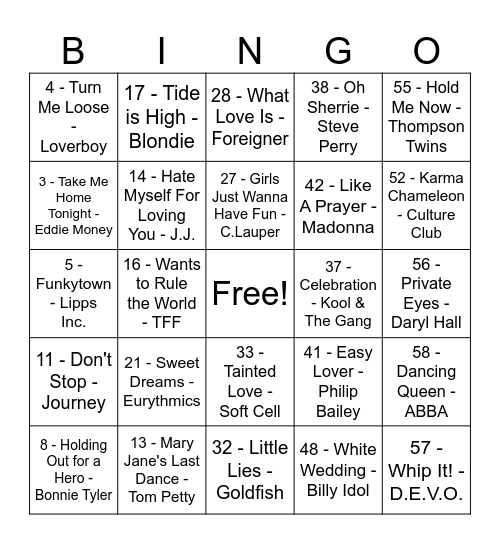70's & 80's Mega Mix Bingo Card