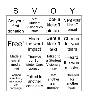 Student Visionaries of the Year Bingo Card