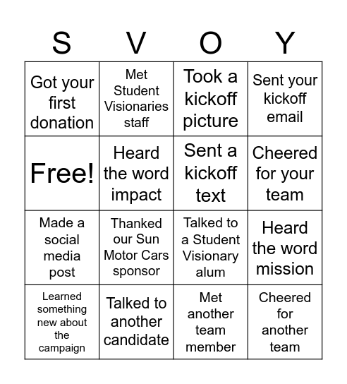 Student Visionaries of the Year Bingo Card