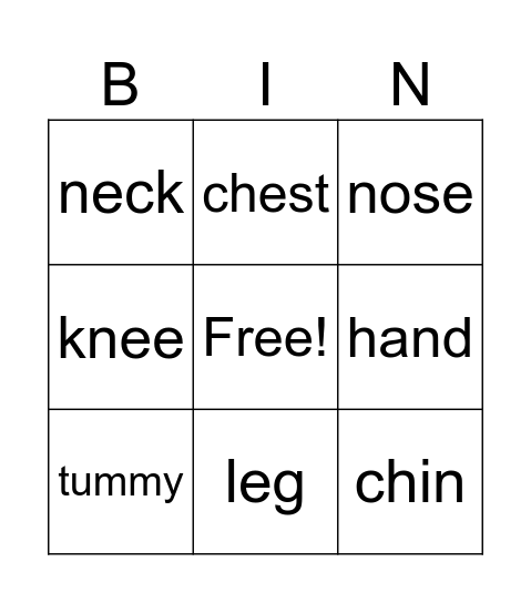 PART OF THE BODY Bingo Card