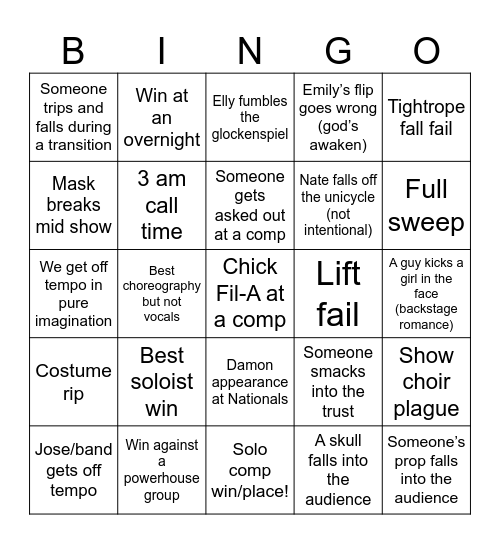 Show Choir Bingo!! Bingo Card