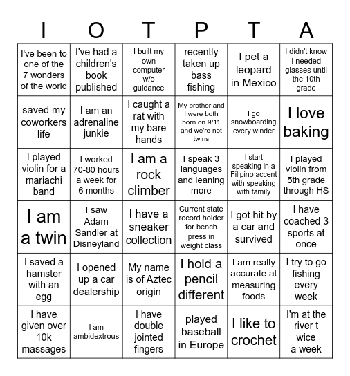 Get to know you PTA BINGO Card