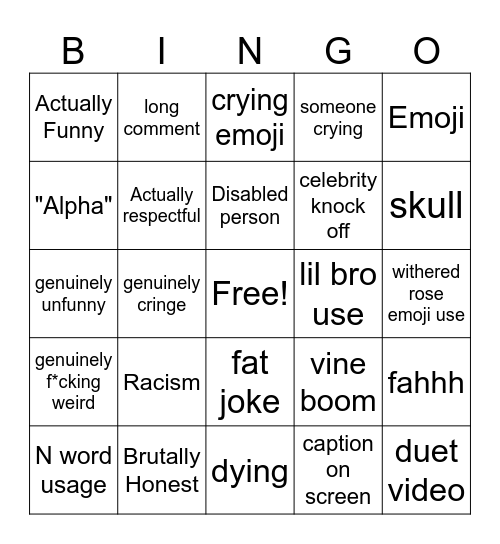 Instagram Comments Bingo Card