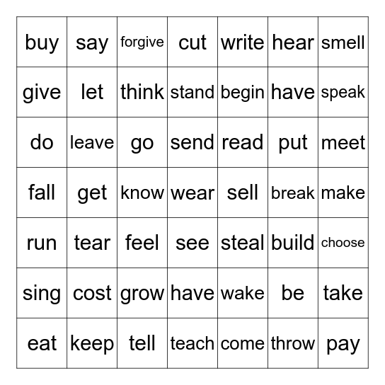 Irregular verbs B2 Bingo Card