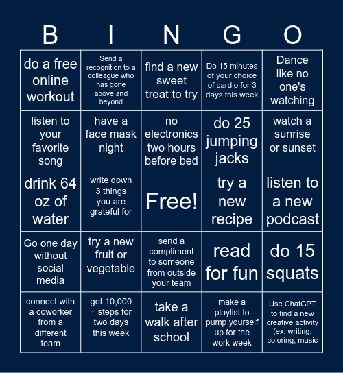 Be Well Brook Park Week 1 Bingo Card