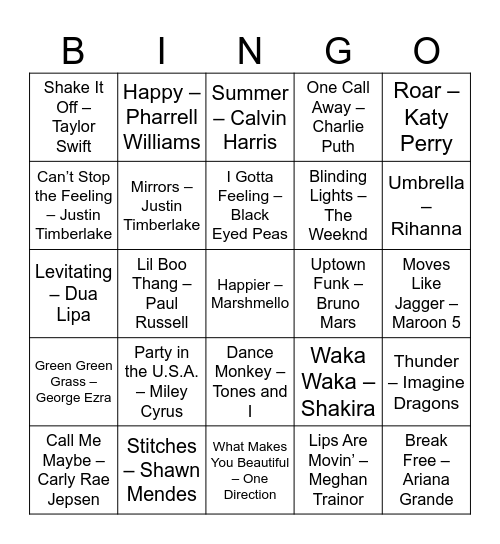 Jukebox Bingo Card