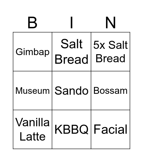 Andy Korea Vlog Bingo Card