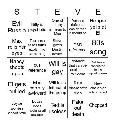 Stranger Things Bingo Card