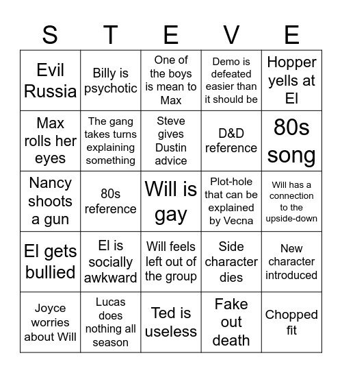 Stranger Things Bingo Card
