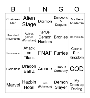 Anime Detour Cosplay Bingo list Bingo Card