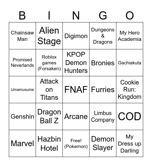 Anime Detour Cosplay Bingo list Bingo Card