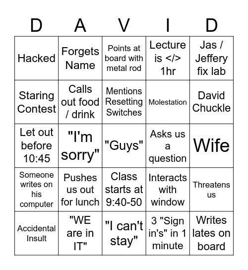 David Bingo Card