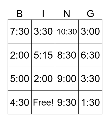 Telling Time Bingo Card
