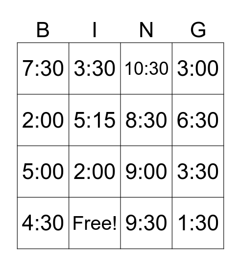 Telling Time Bingo Card