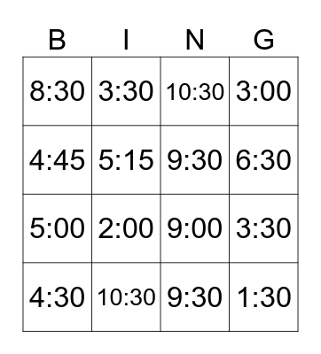 Telling Time Bingo Card