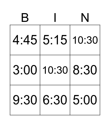 Telling Time Bingo Card