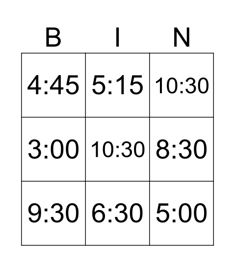 Telling Time Bingo Card