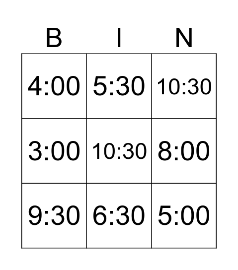 Telling Time Bingo Card