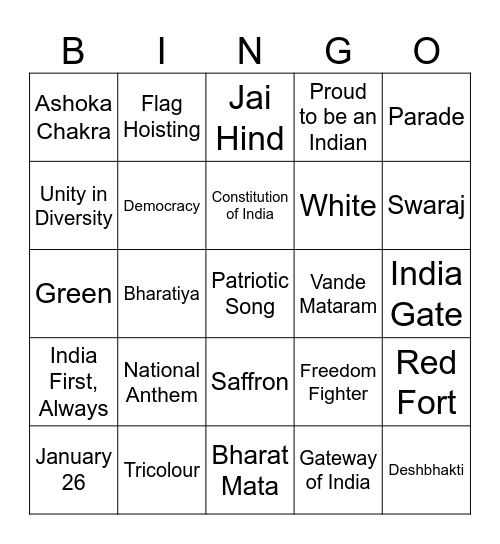 Republic Day Bingo Card