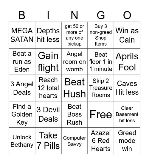 TBOI Lockout Bingo Card