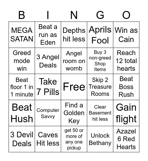 TBOI Lockout Bingo Card