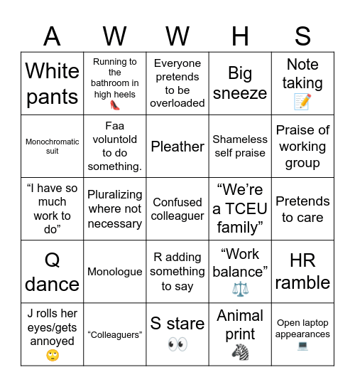 Awwhs a meetings Bingo Card